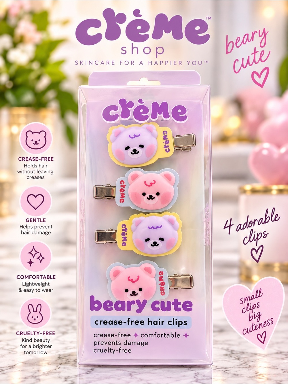 The Crème Shop Beary Cute Crease-Free Hair Clips 4pc Kawaii Bear Set